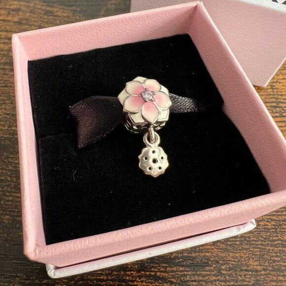 Pandora Silver Magnolia Bloom Enamel CZ Dangle charm 792077PCZ - NEW - Picture 4 of 6